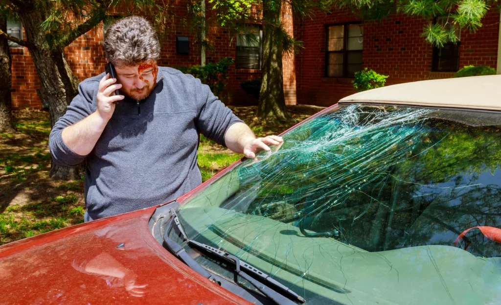 An injured man standing next to a broken car, calling a personal injury lawyer for car accident cases