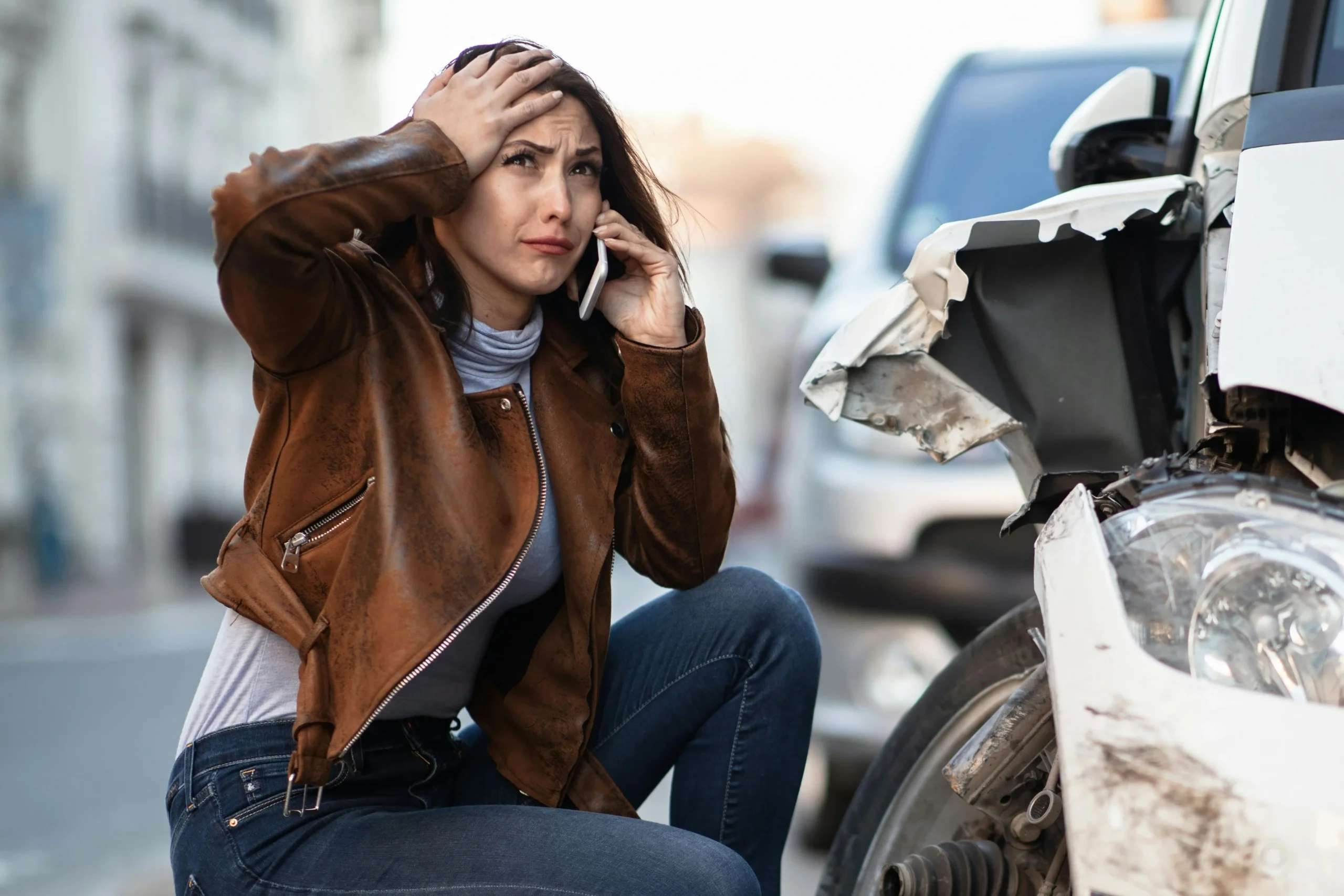 Injured woman holding her head while calling a Chicago Brain Injury Lawyer after a serious car crash.