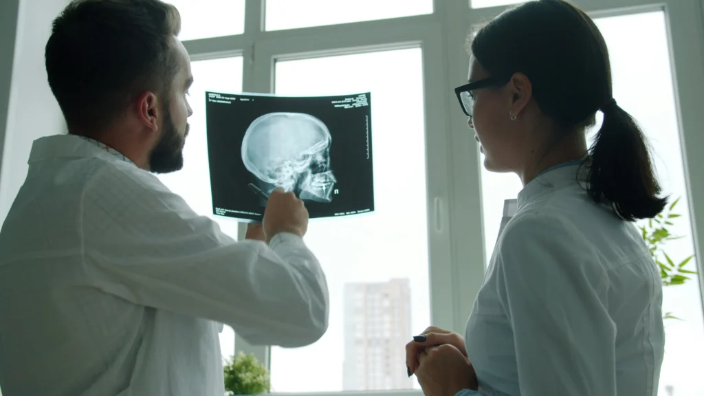 Specialists examining skull X-ray, potential evidence in a case handled by a cancer misdiagnosis lawyer.