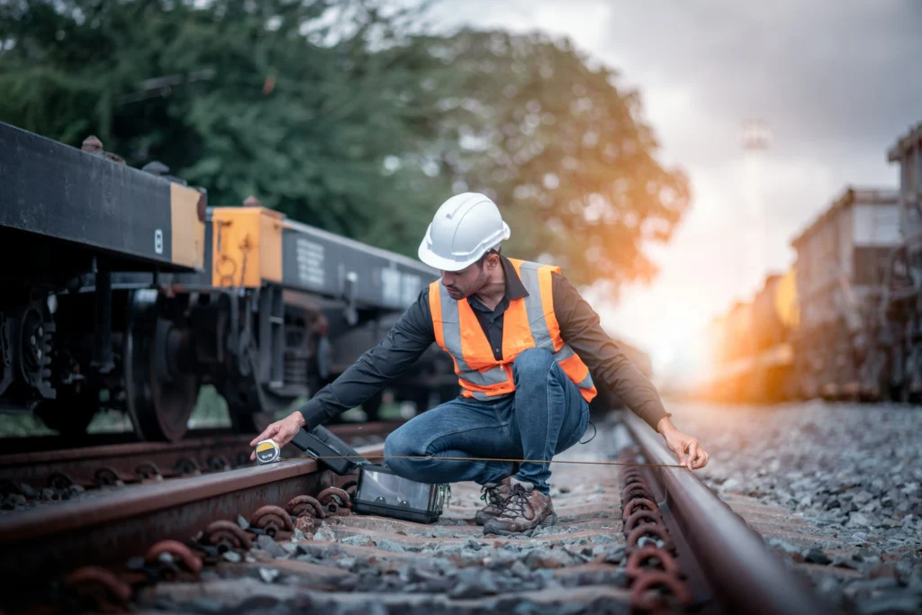 Railroad worker measuring track alignment during inspection under FELA railroad law