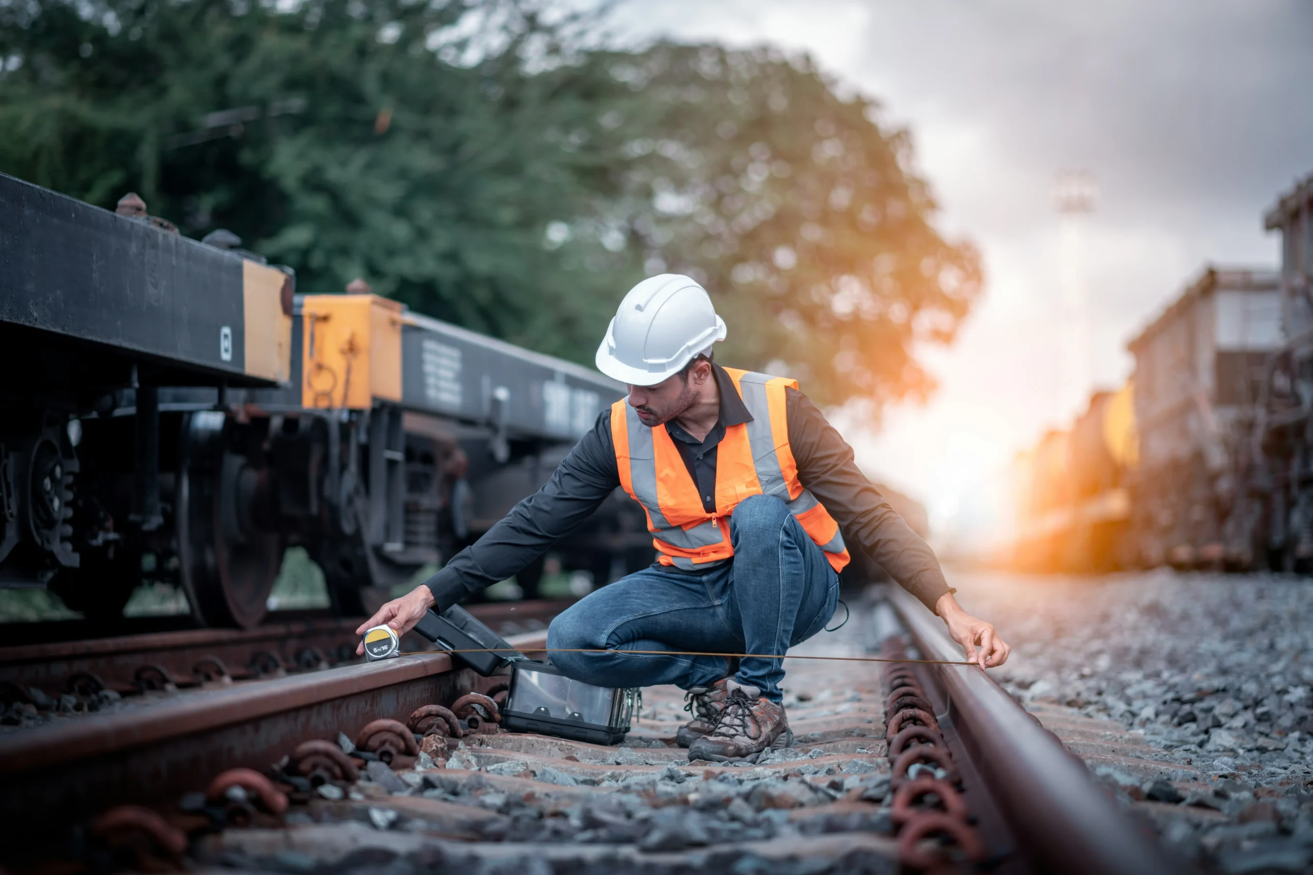 Railroad worker measuring track alignment during inspection under FELA railroad law