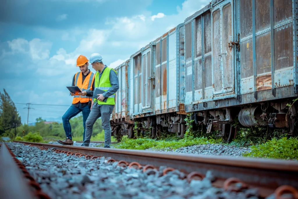 Two railroad engineers reviewing safety documents related to FELA case requirements